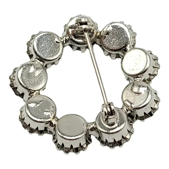 Large Silver Toned Clear Rhinestone Wreath Circle Brooch Vintage 1.5" - Picture 4 of 4